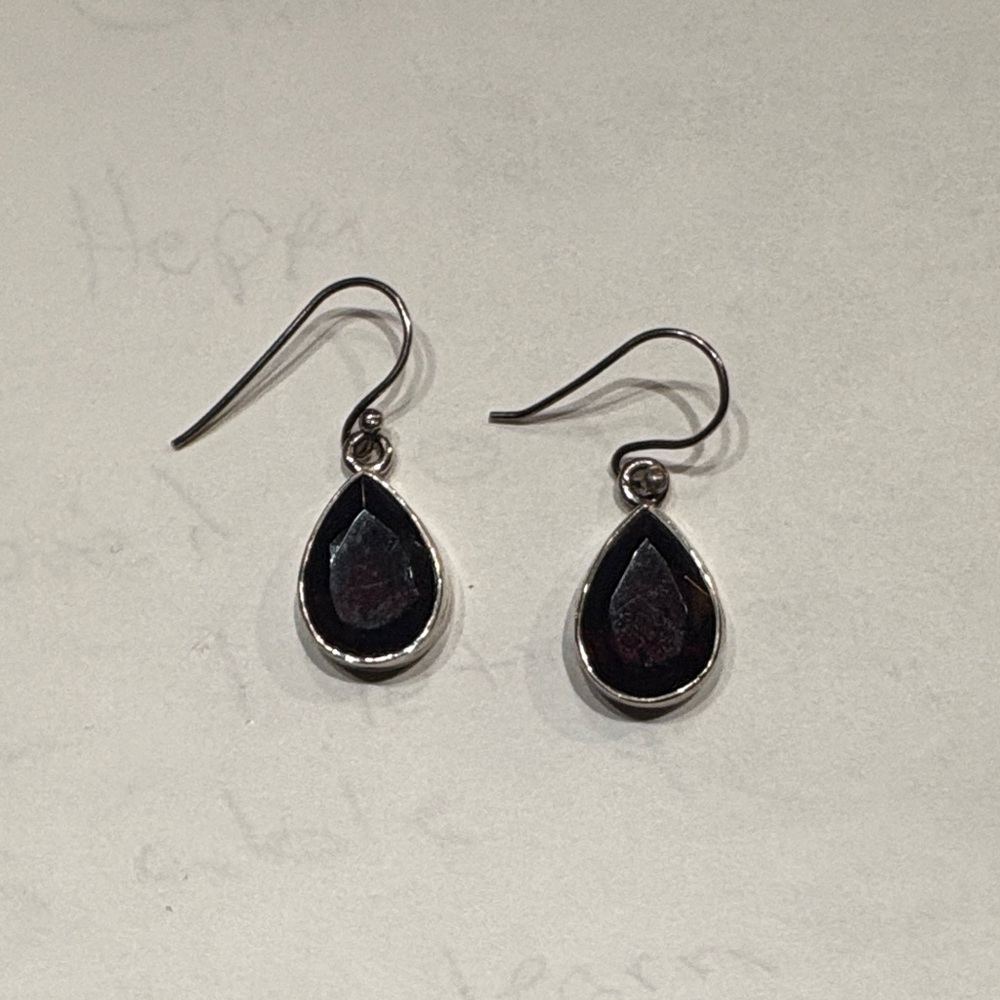Sterling  silver and Garnet pear shaped bezeled earrings